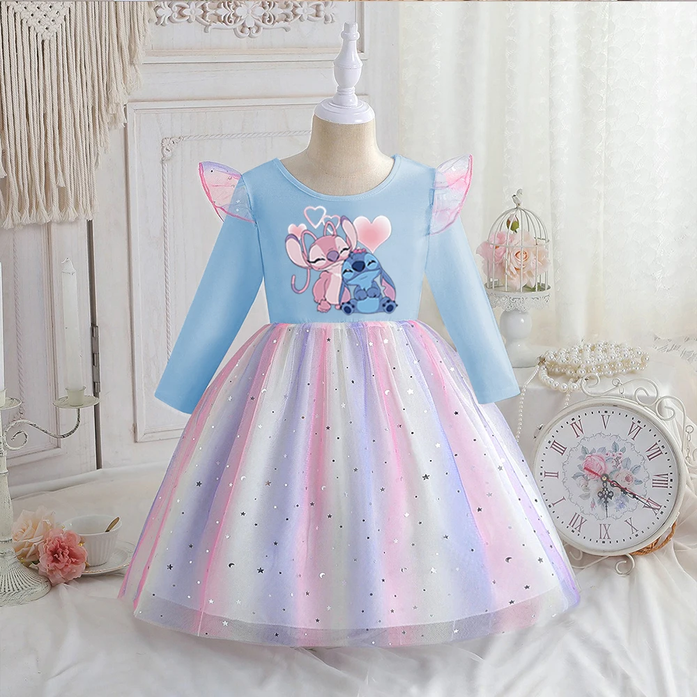 Color: Blue, Kid Size: 6 - Stitch Princess Dress Autumn New Disney Baby Girls Dress Spring Autumn Long-sleeved For Children Kids Clothes Birthday Party