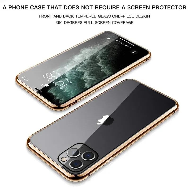 Color: Gold, Material: Other - Magnetic Metal Case For iPhone 15 14 13 12 11 Pro 14Pro Max XS X XR 7 8 14Plus 12 Mini SE 2020 Double Sided Tempered Glass Cover