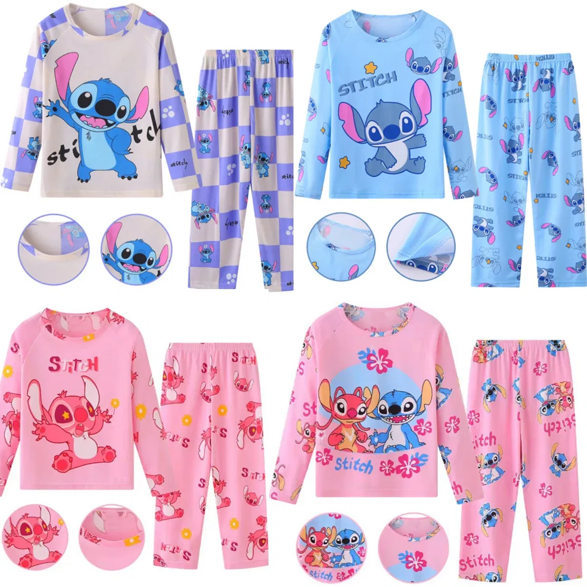 Color: GRAY, Kid Size: 18m - 2pcs/set New Disney Stitch Children Pyjamas for Boys and Girls Sets Kid Minnie Home Wear Travel Casual Sleepwear Suit Cute Gift