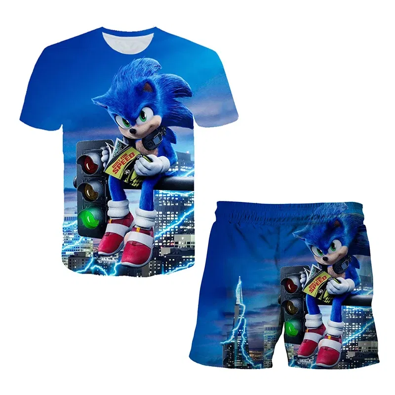 Color: green, Size: 12" - New Japanese cartoon Sonic T-shirt children's top T-shirt shorts two-piece set summer boy cartoon cute T-shirt+beach pants