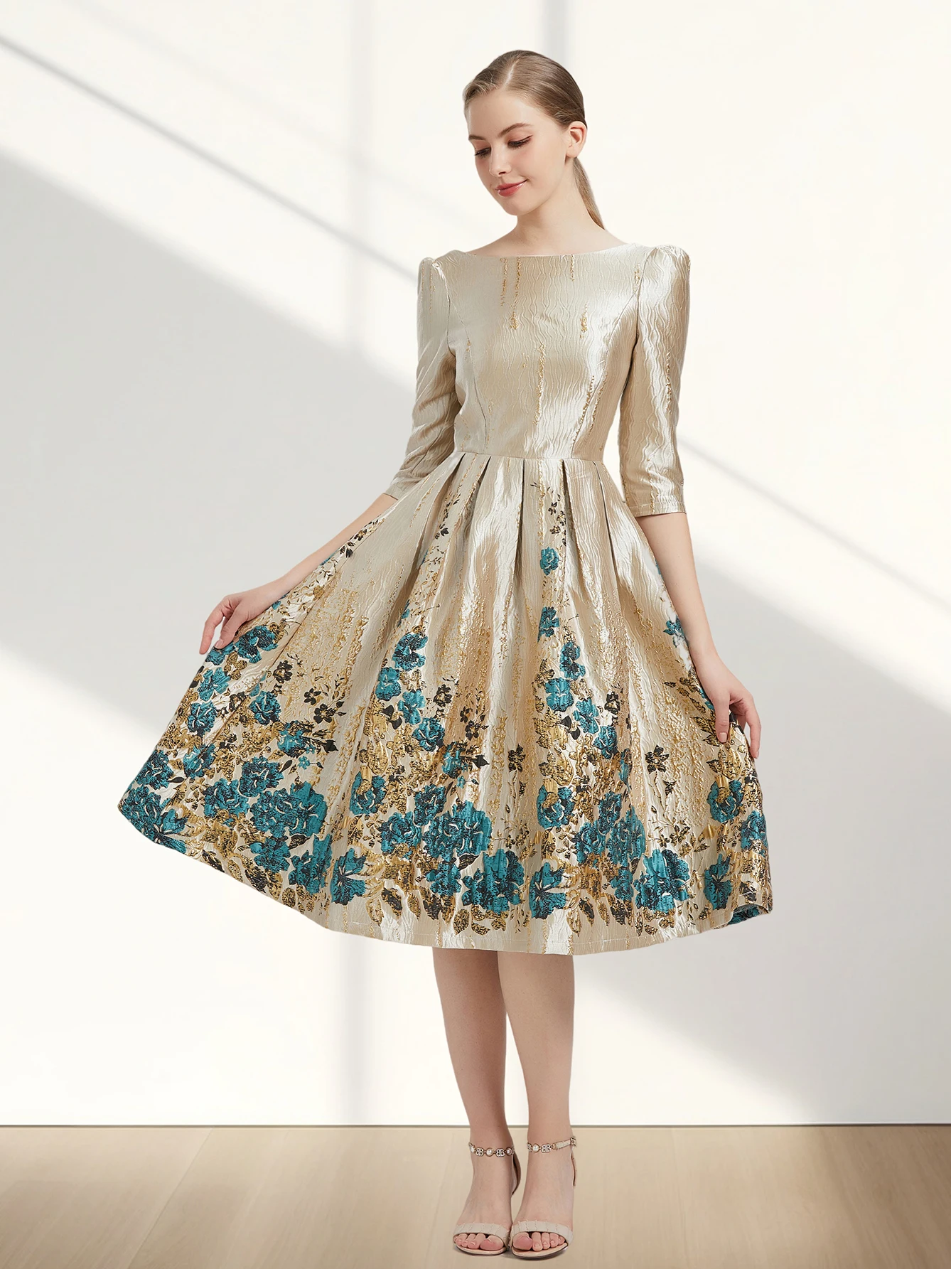 Color: Beige, Size: M - Women Luxury Floral Jacquard Dress 2024 New Fashion Sleeve Party Long Brocade Elegant Casual Girls Evening Clothing