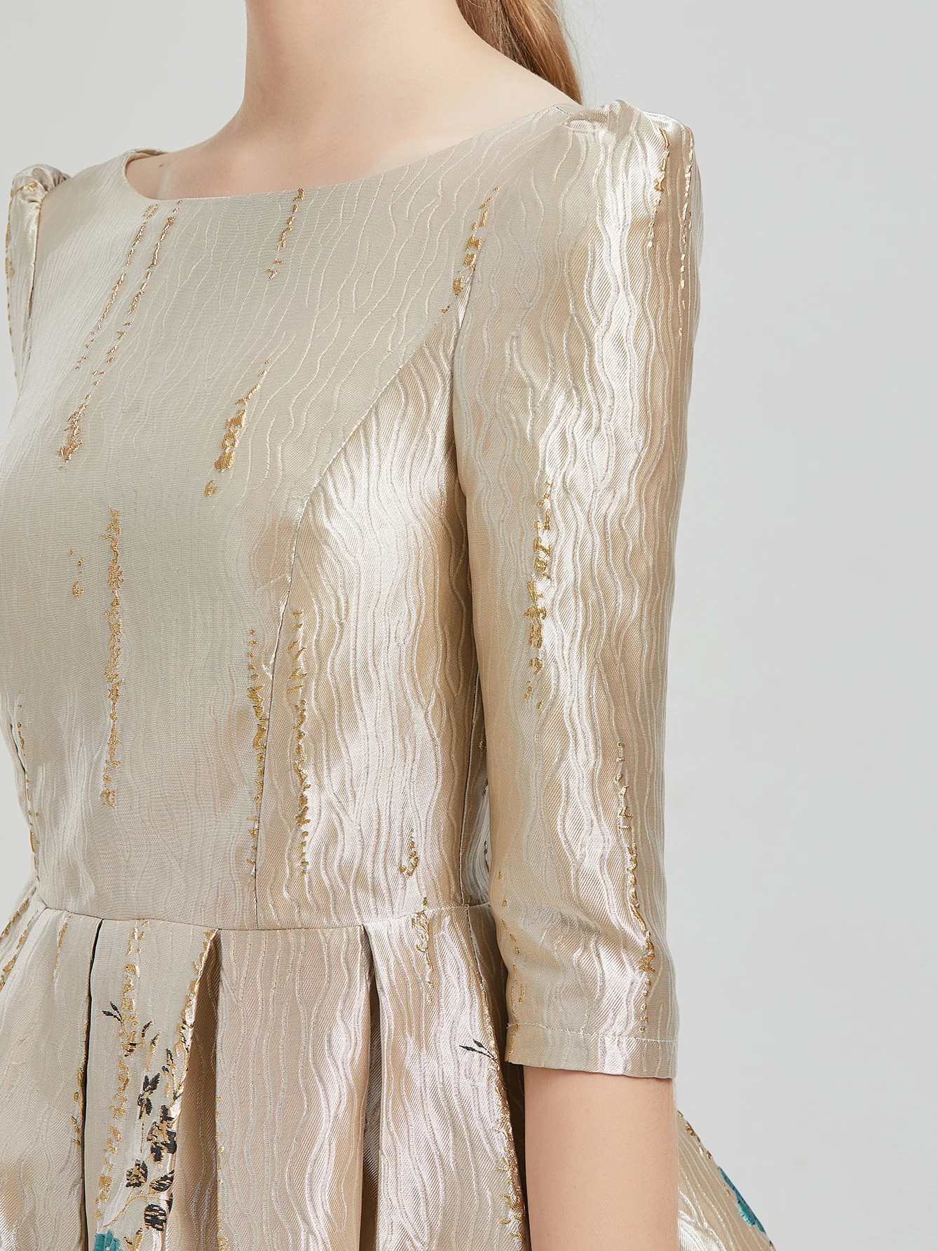 Color: Beige, Size: M - Women Luxury Floral Jacquard Dress 2024 New Fashion Sleeve Party Long Brocade Elegant Casual Girls Evening Clothing