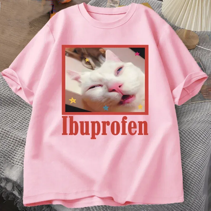 Color: Pink, Size: XXL - Ibuprofen Cat Meme Tshirt Funny Cat Graphic Tee Cute Cat Lover Cotton T-Shirt Casual Funny T Shirts Unisex Oversized Tshirt Tee