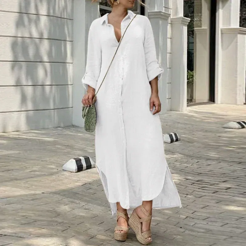 Color: GRAY, Size: XL - Long Shirt Dress Women Autumn Cotton Linen Leisure Turn Down Collar Maxi Dresses Female Elegant Loose Beach Spring Vestidos