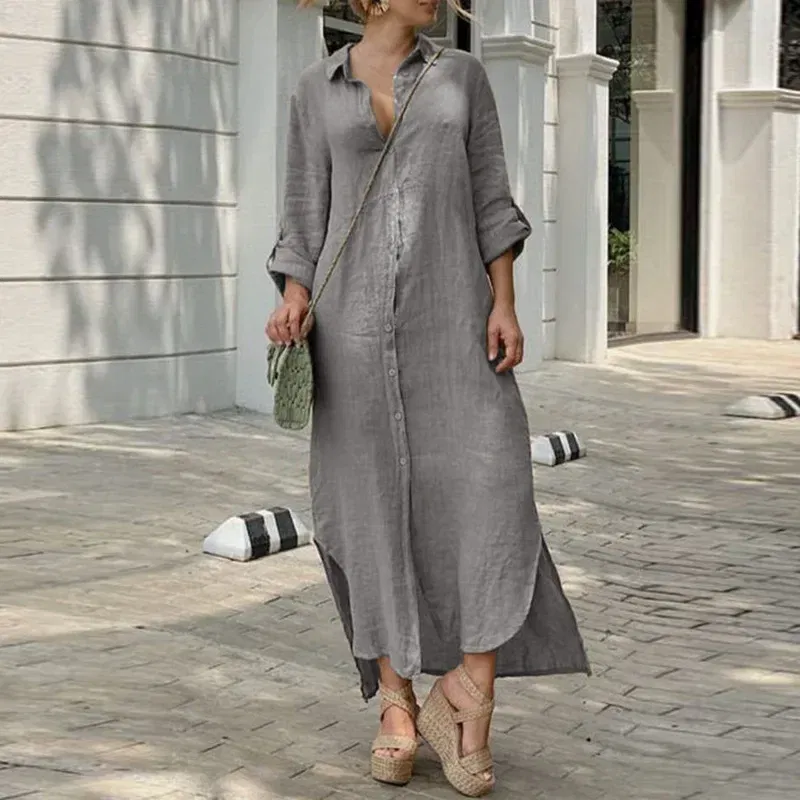 Color: GRAY, Size: XL - Long Shirt Dress Women Autumn Cotton Linen Leisure Turn Down Collar Maxi Dresses Female Elegant Loose Beach Spring Vestidos