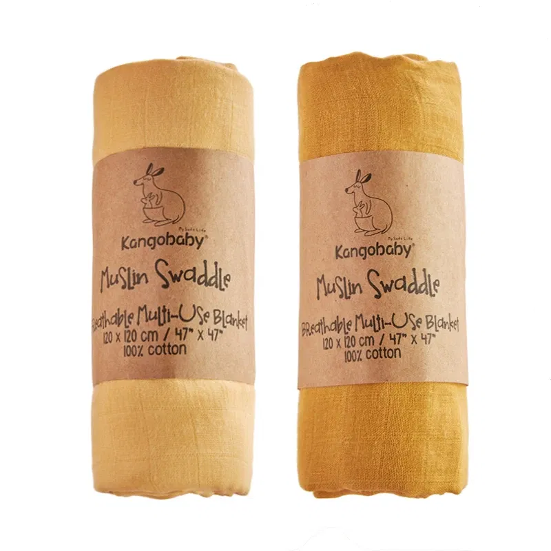 Color: Orange - Kangobaby New Design 2pcs Set Double Layers 100% Cotton Newborn Baby Muslin Swaddle Blanket