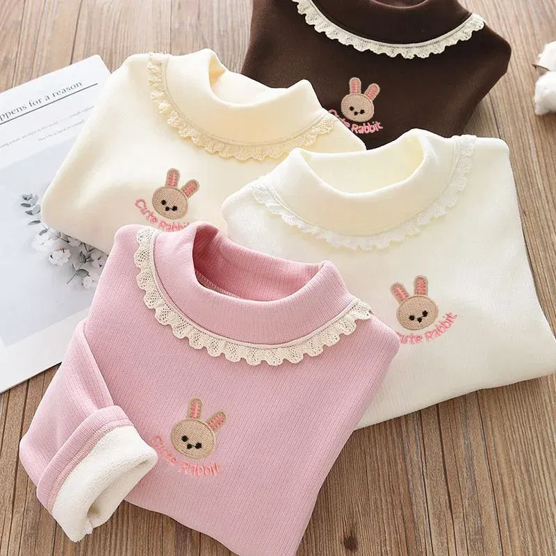 Color: black, Kid Size: 5 - 1pcs Children's T-Shirts Rabbit Embroidery Velvet warm top Kids Half High Collar Long Sleeve Base Shirt Girls Tshirts Clothes