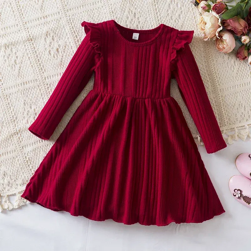 Color: Brown, Kid Size: 5 - Autumn and Winter Girls Knitted Sweater Dress Solid Color Soft Long Sleeve Dress Children Christmas Costume Birthday Casual Wear