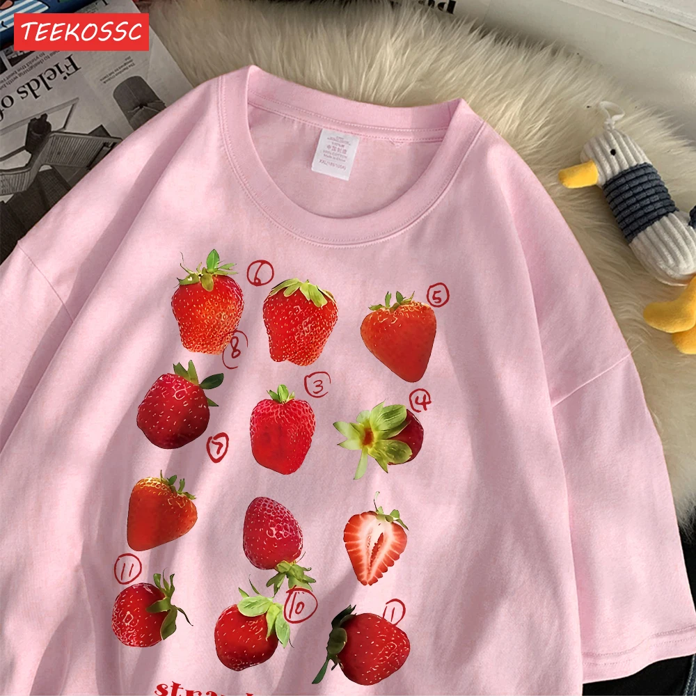 Color: Dark Grey, Size: S - 100% Cotton Women T-shirt Cute Fresh Strawberries Printed Tee Shirt Summer Comfortable Loose Tops Street Fashion Female Clothes