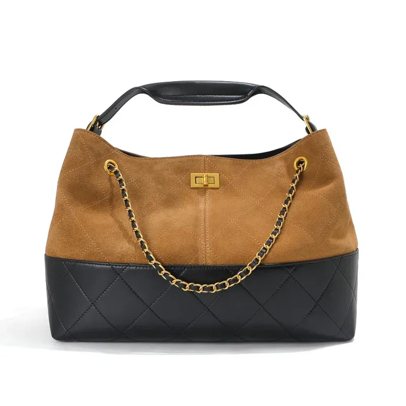 Color: Brown - Ladies' Genuine Leather Bag 2025 Matte Leather Diamond Pattern Vintage Chain Bucket Bag Contrast Color Shoulder Bag Handbag