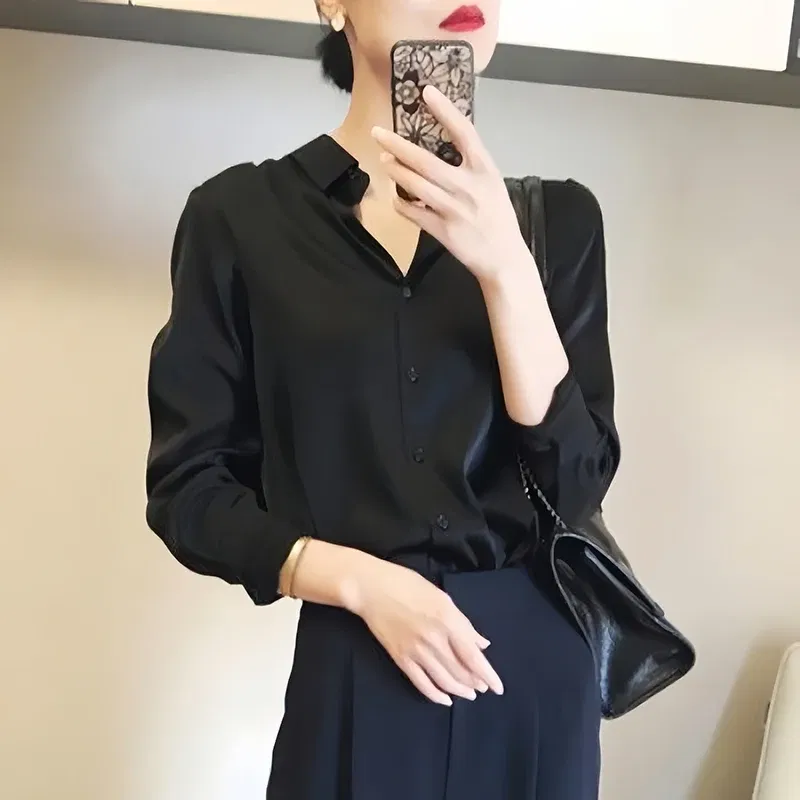 Color: black, Size: XXL - All-match Satin Finish Shirts And Blouses Women Clothing Casual Top OL Long Sleeve Button Elegant Shirts French Solid Blouses