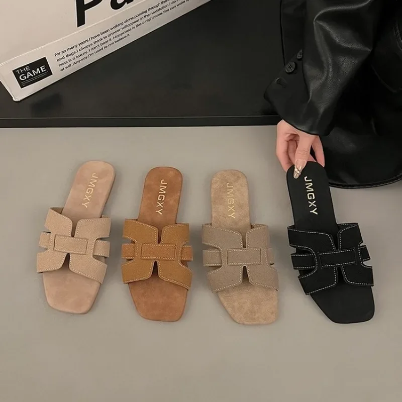 Color: Beige, Shoe Size: 42 - Summer New Women Slippers Flat Bottom Non-slip Outdoor Open Toe Beach Female Sandals Sexy Fashion Design Slides Woman Shoes