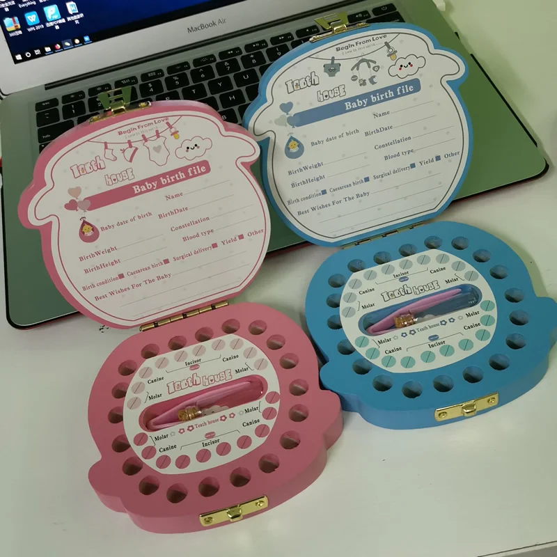 Color: Yellow - Cute Wooden Baby Tooth Box Boxes Kids Milk Teeth Storage Box English/Spanish/French/Russian/Italian/Portuguese Keepsake Boxes