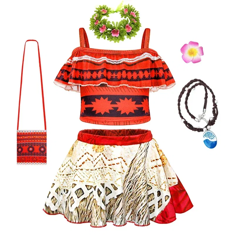 Color: Brown, Kid Size: 12M - Moana 2 Swimsuit Summer Holiday Beach Girls Two-piece Bikini Toddler Adventure Outfit Pool Party Vaiana Fancy Dress Up