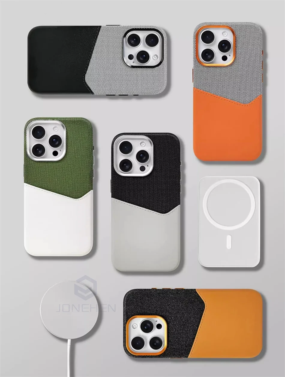 Color: GRAY, Material: EVA - For Magsafe Card Holder Leather Case For iPhone 16 15 13 12 17 Pro Max 14 Plus Pocket Wireless Charge Alloy Lens Magnetic Cover