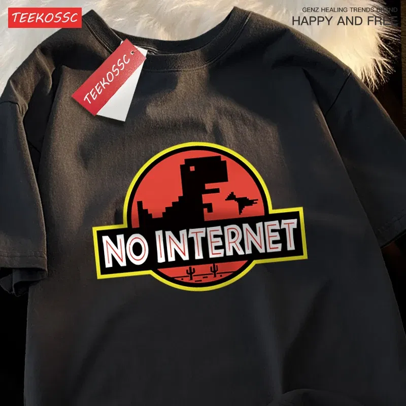 Color: Pink, Size: M - No Internet Fun Little Dinosaur Short Sleeve Mens Cartoons Cotton Tshirt Summer High Quality Clothing Fashion Oversize T-Shirts