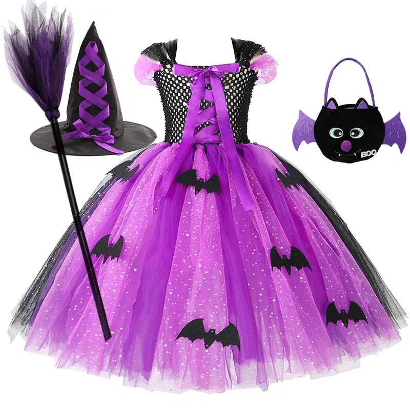 Color: black, Kid Size: 9 - Halloween Witch Tutu Dress for Girls Handmade Mesh Bat Wizard Cosplay Costumes with Hat Broom Toddler Evil Party Clothes Set