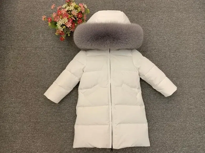 Color: Yellow, Kid Size: 4T - Children Girl boy Winter real fur thickened down jackets 90 down Long Coat jacket overcoat baby kids clothing -30 outwear ws1245
