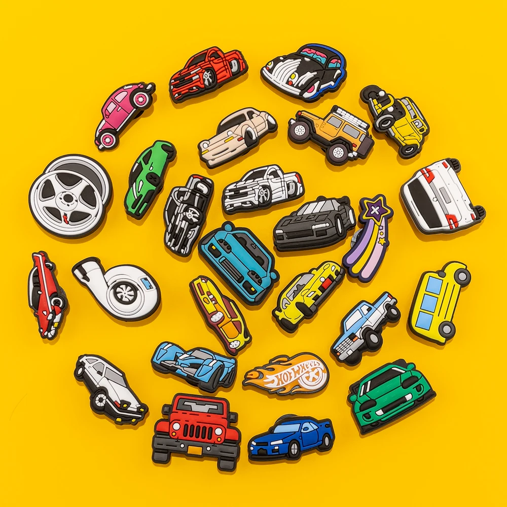 Color: Fluorescent Yellow - 1pcs Clog Charms Cars Cool Roadster SUV PVC Clips Accessories Mini Classic Car Shoe Charms Turbine Clog Pin Kids Gift