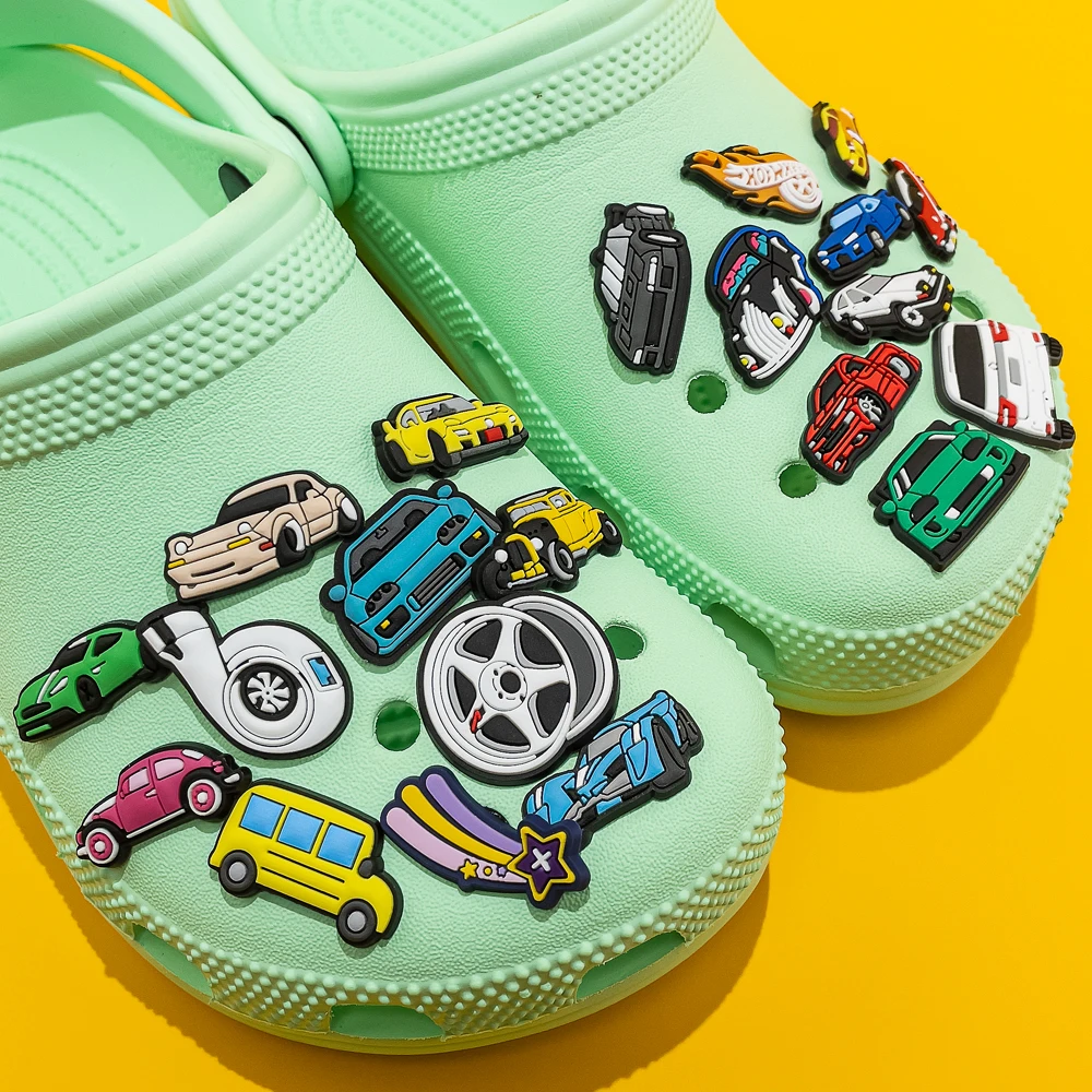 Color: Fluorescent Yellow - 1pcs Clog Charms Cars Cool Roadster SUV PVC Clips Accessories Mini Classic Car Shoe Charms Turbine Clog Pin Kids Gift