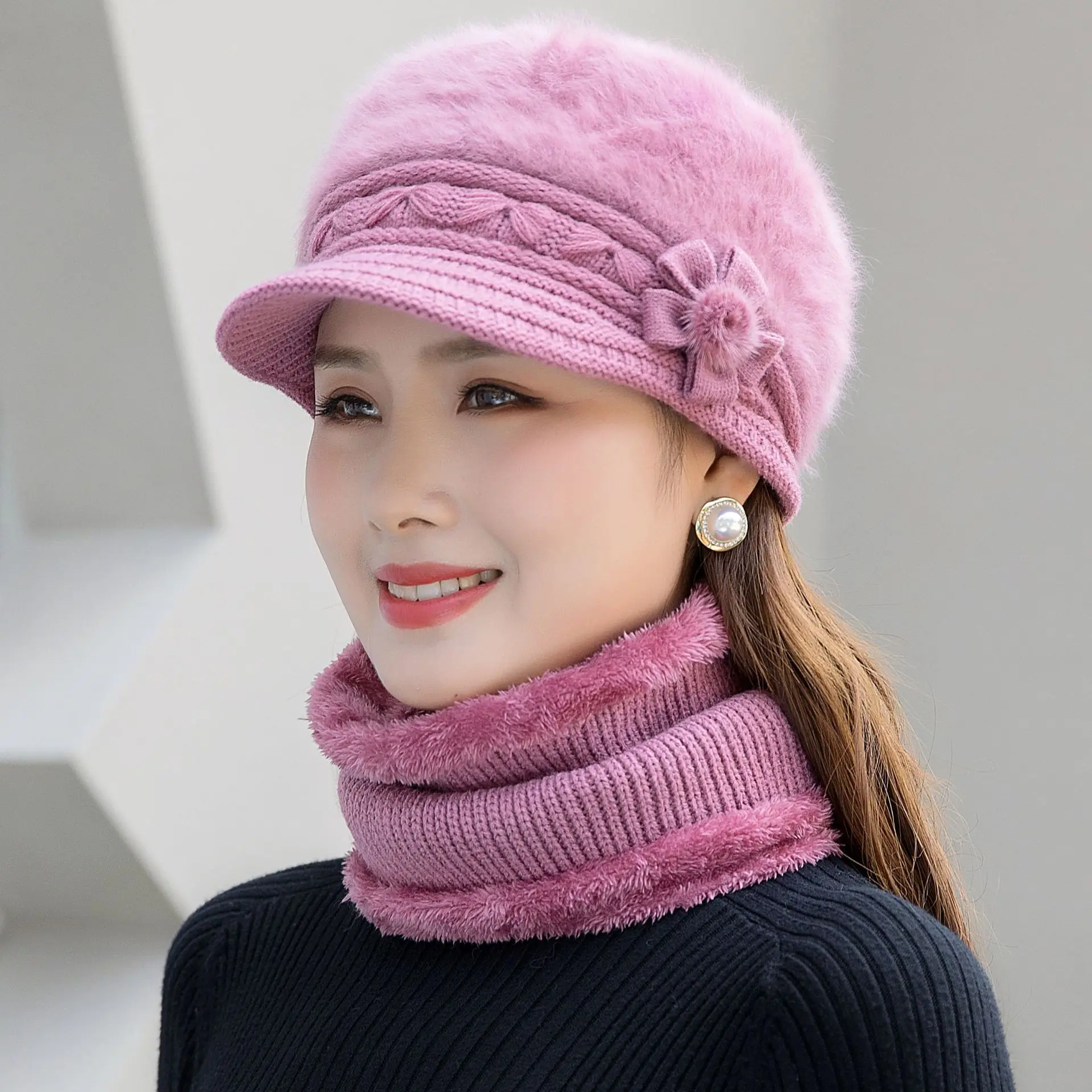 Color: GRAY - New Women Winter Hat Keep Warm Cap Add Fur Lined Hat & Scarf Warm Set Fashion Hat For Women Casual Faux Fur Flower Knitted Hat