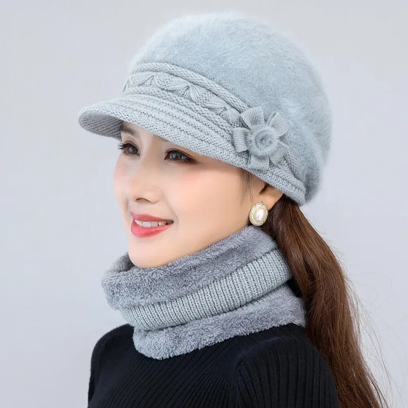 Color: GRAY - New Women Winter Hat Keep Warm Cap Add Fur Lined Hat & Scarf Warm Set Fashion Hat For Women Casual Faux Fur Flower Knitted Hat