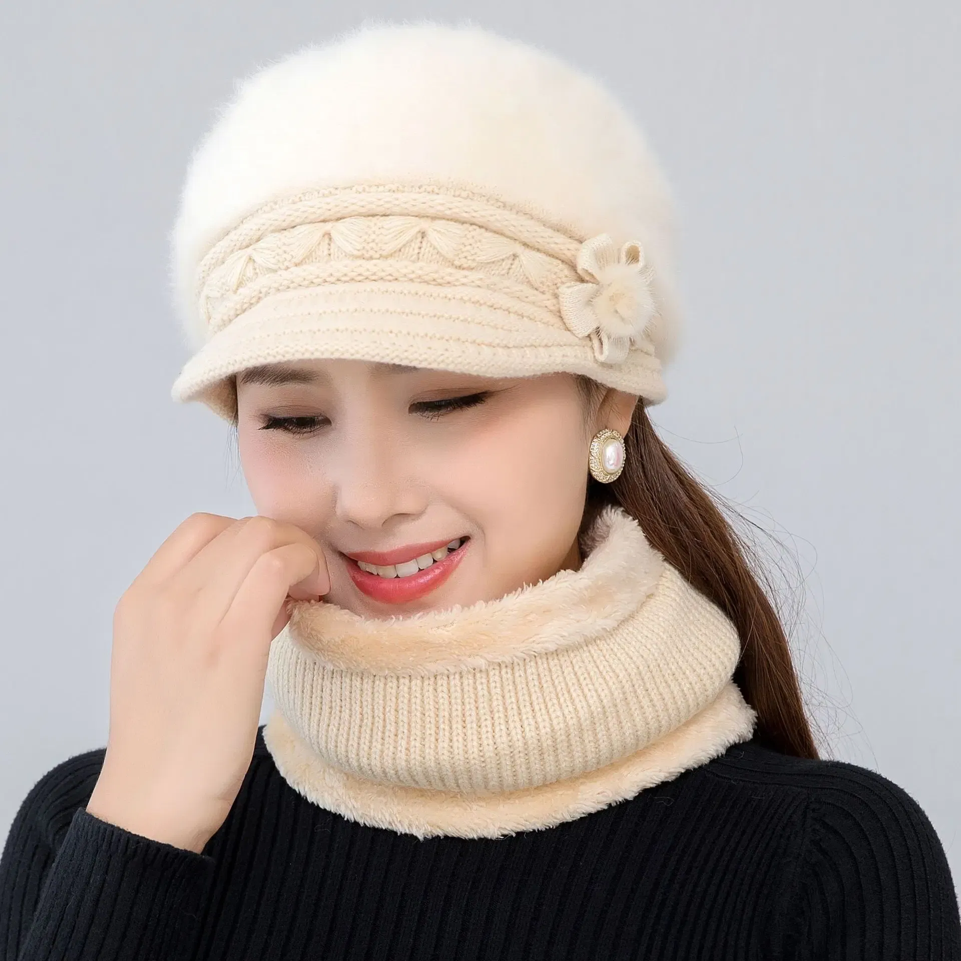Color: GRAY - New Women Winter Hat Keep Warm Cap Add Fur Lined Hat & Scarf Warm Set Fashion Hat For Women Casual Faux Fur Flower Knitted Hat