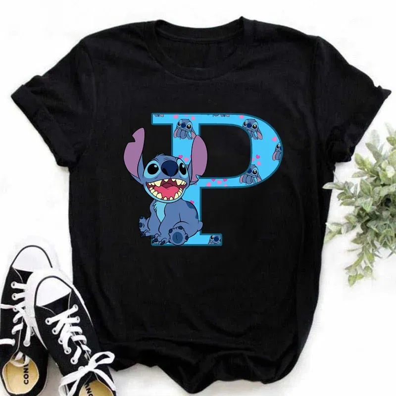 Color: Silver, Size: XL - Disney Lilo&Stitch A-Z Alphabet Summer Women's Printed T-Shirt Women's Casual Tops T-Shirt Fashion Cartoon Plus Size T-Shirt