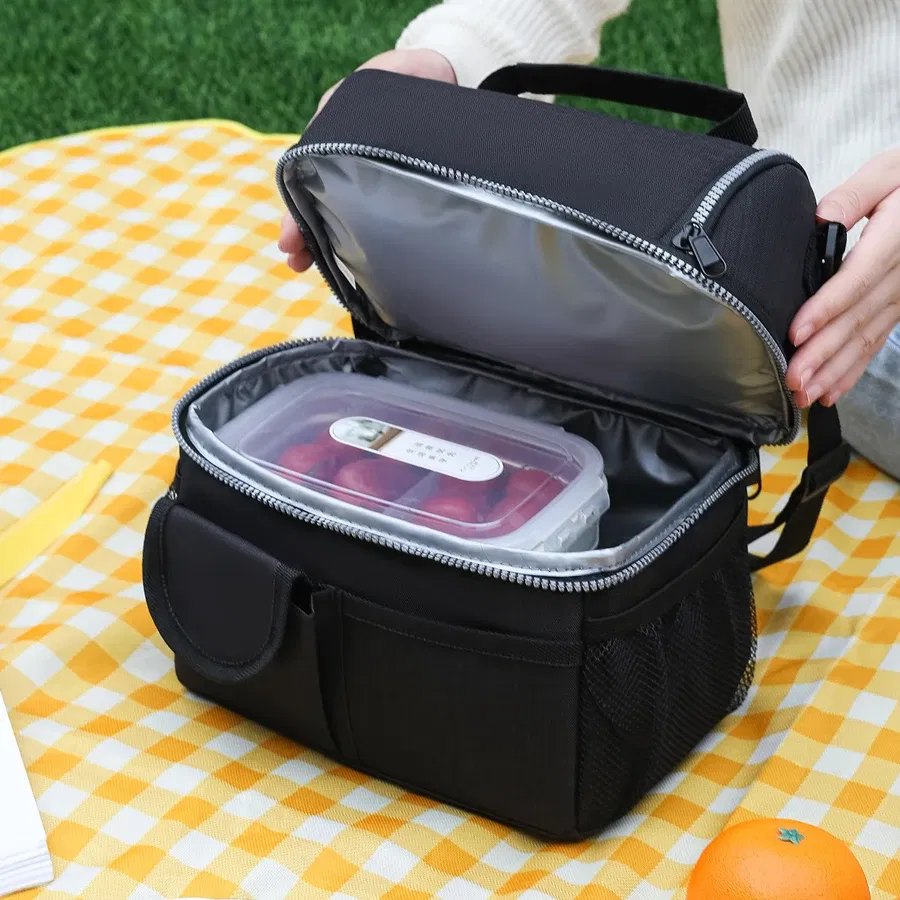 Color: black - 10L Portable Thermal Lunch Bag Food Box Durable Waterproof Office Cooler Lunch Box Ice Insulated Case Camping Oxford Dinner Bag