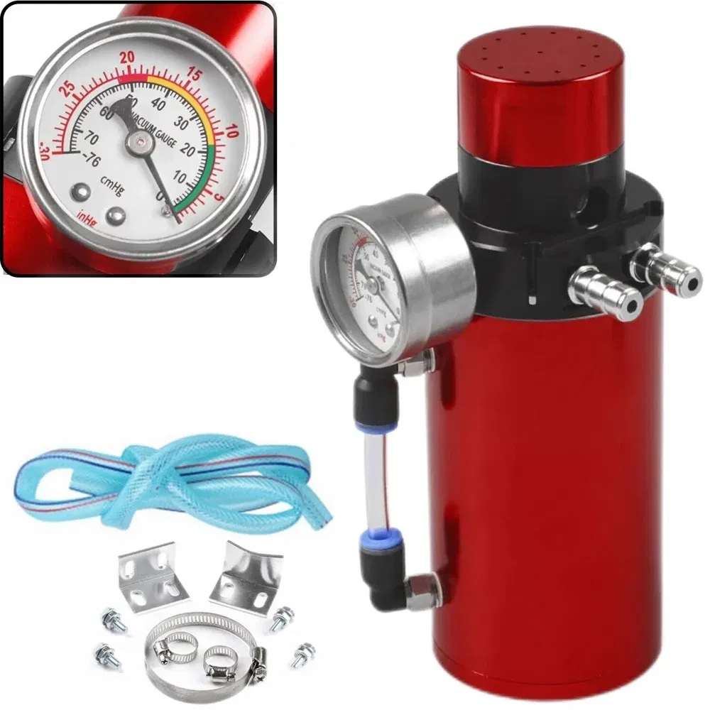 Color: Black - Aluminum Engine Oil Catch Tank Reservoir Breather Can + Vacuum Gauge + Hose Blue/Red/Silver/Black