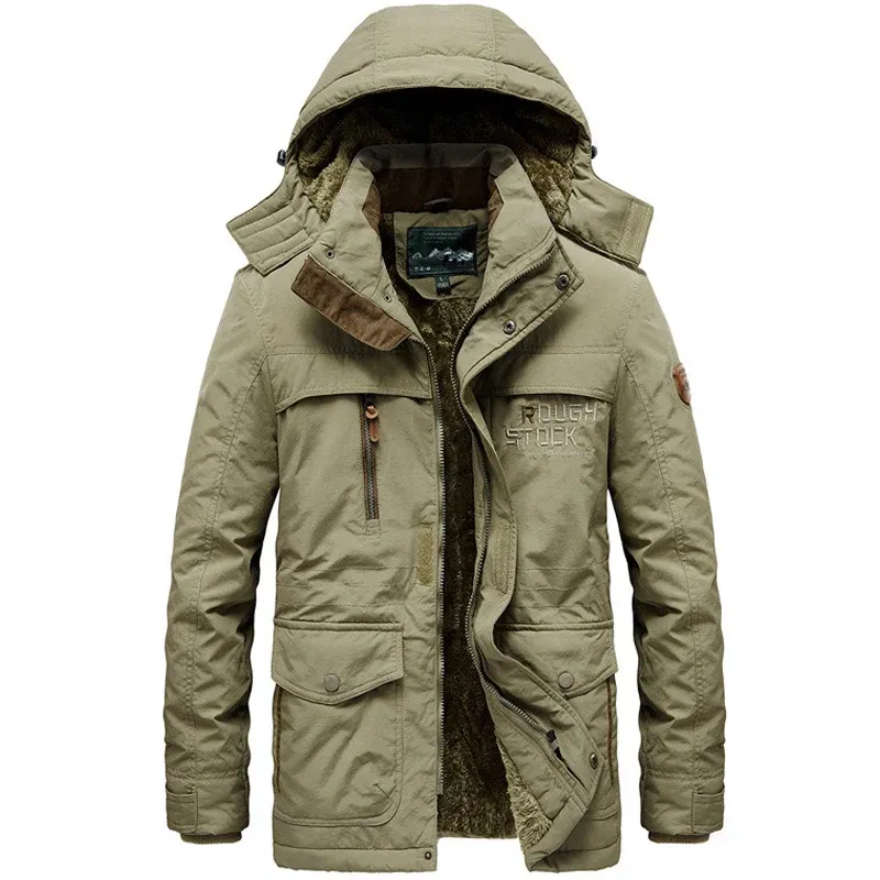 Color: Khaki, Size: XXL - TELLHIGH 2024 Winter Parka Men Jacket Mens Plus Velvet Men Hooded Windbreaker Coats Men Casual Warm Jackets Coat Detachable Hat