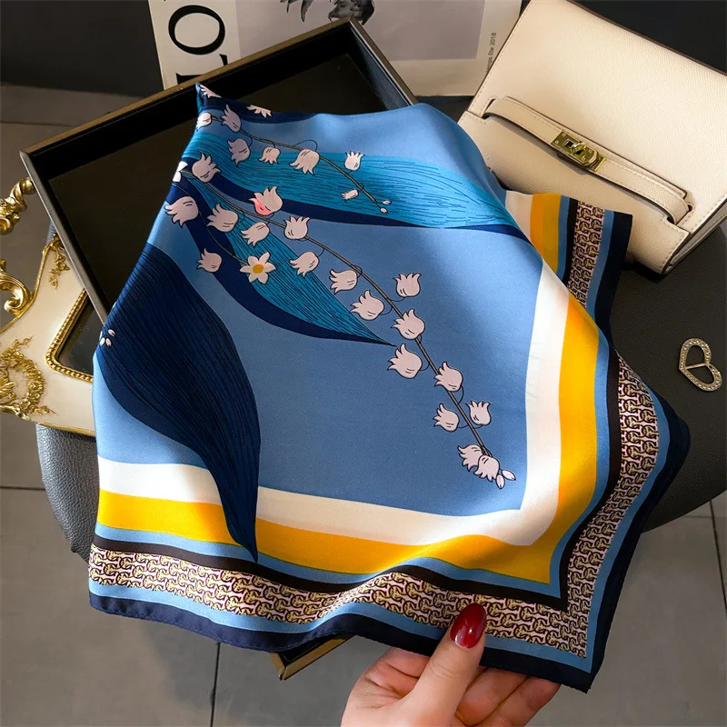 Color: Brown, Size: One Size - Cat Paw Print 70*70cm Silk Square Scarf Women Soft Satin Foulard Bag Ribbon Female Hairband Neckerchief Hijab Scarfs Headband