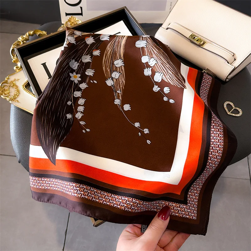 Color: Brown, Size: One Size - Cat Paw Print 70*70cm Silk Square Scarf Women Soft Satin Foulard Bag Ribbon Female Hairband Neckerchief Hijab Scarfs Headband