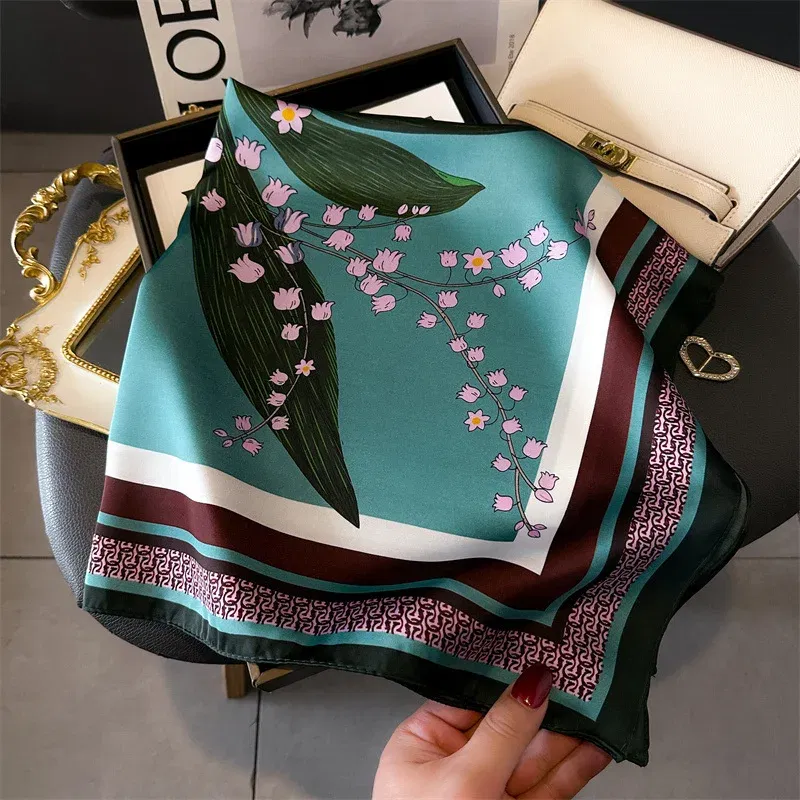 Color: Brown, Size: One Size - Cat Paw Print 70*70cm Silk Square Scarf Women Soft Satin Foulard Bag Ribbon Female Hairband Neckerchief Hijab Scarfs Headband