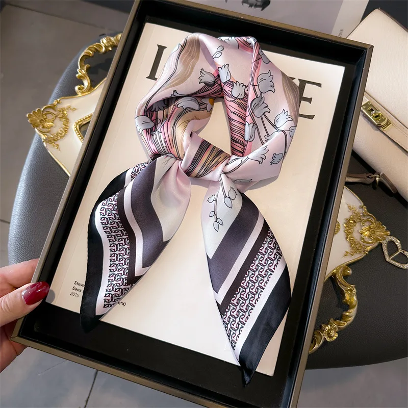 Color: Brown, Size: One Size - Cat Paw Print 70*70cm Silk Square Scarf Women Soft Satin Foulard Bag Ribbon Female Hairband Neckerchief Hijab Scarfs Headband