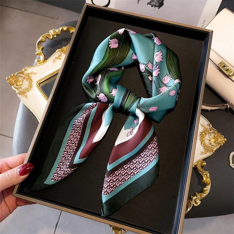 Color: Brown, Size: One Size - Cat Paw Print 70*70cm Silk Square Scarf Women Soft Satin Foulard Bag Ribbon Female Hairband Neckerchief Hijab Scarfs Headband