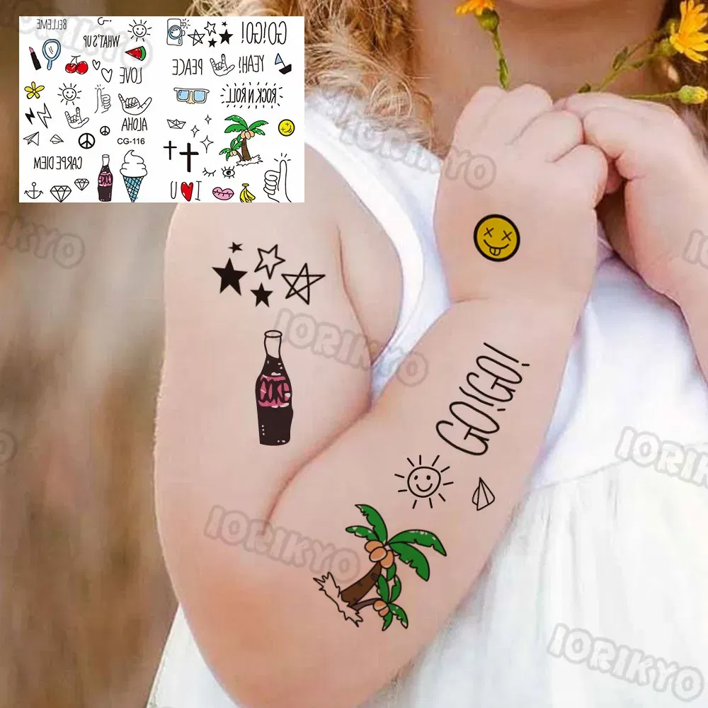 Color: DARK GRAY - Watercolor Cat Bear Temporary Tattoos For Kids Children Boys Girls Fake Cute Dinosaur Tattoo Stiker Koala Star Face Tatoos Hands