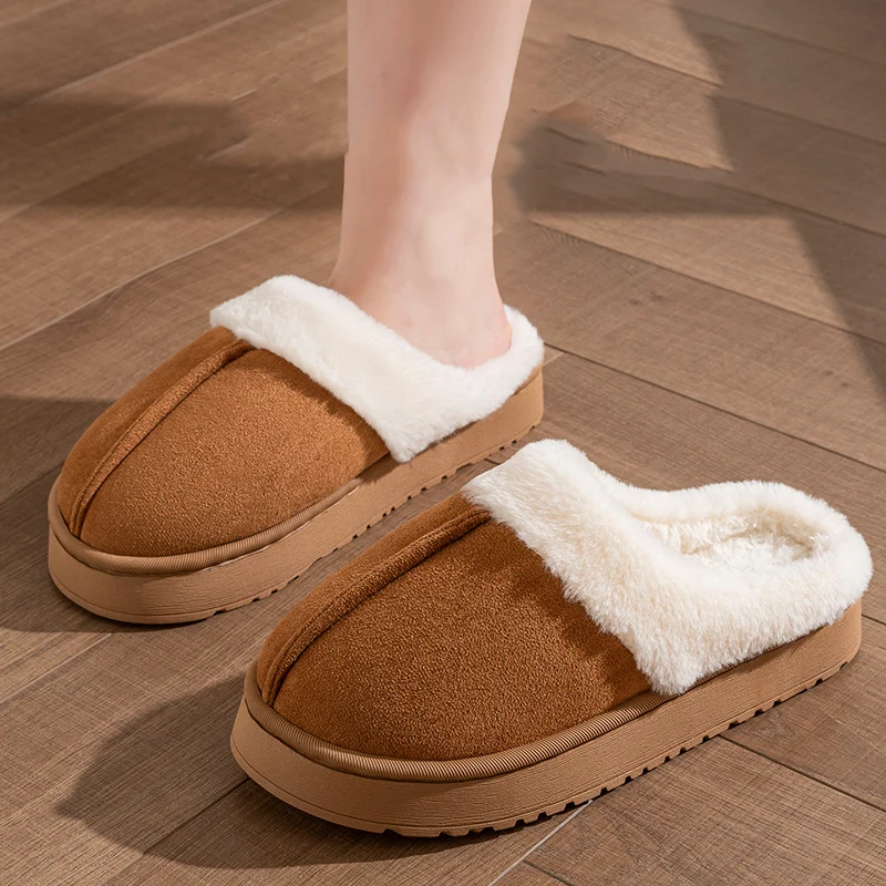 Color: Brown, Shoe Size: 40-41 - New Fluffy Home Warm Slippers Women Soft Sole Bedroom Plush Lined Winter Shoes Woman Comfortable Non Slip Faux Fur Slippers 2024