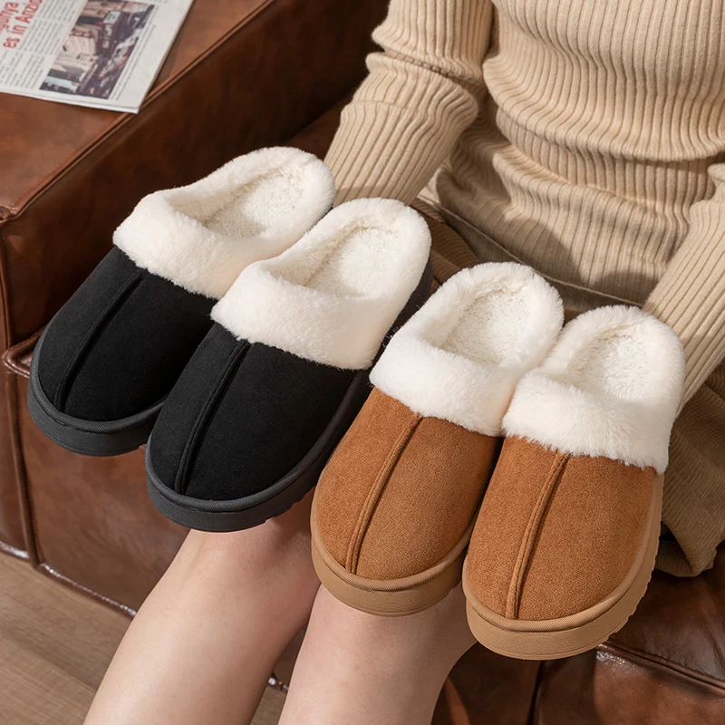 Color: Brown, Shoe Size: 40-41 - New Fluffy Home Warm Slippers Women Soft Sole Bedroom Plush Lined Winter Shoes Woman Comfortable Non Slip Faux Fur Slippers 2024