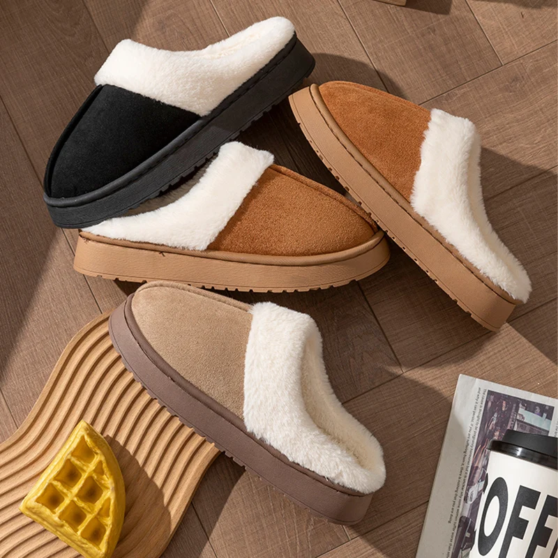 Color: Brown, Shoe Size: 40-41 - New Fluffy Home Warm Slippers Women Soft Sole Bedroom Plush Lined Winter Shoes Woman Comfortable Non Slip Faux Fur Slippers 2024