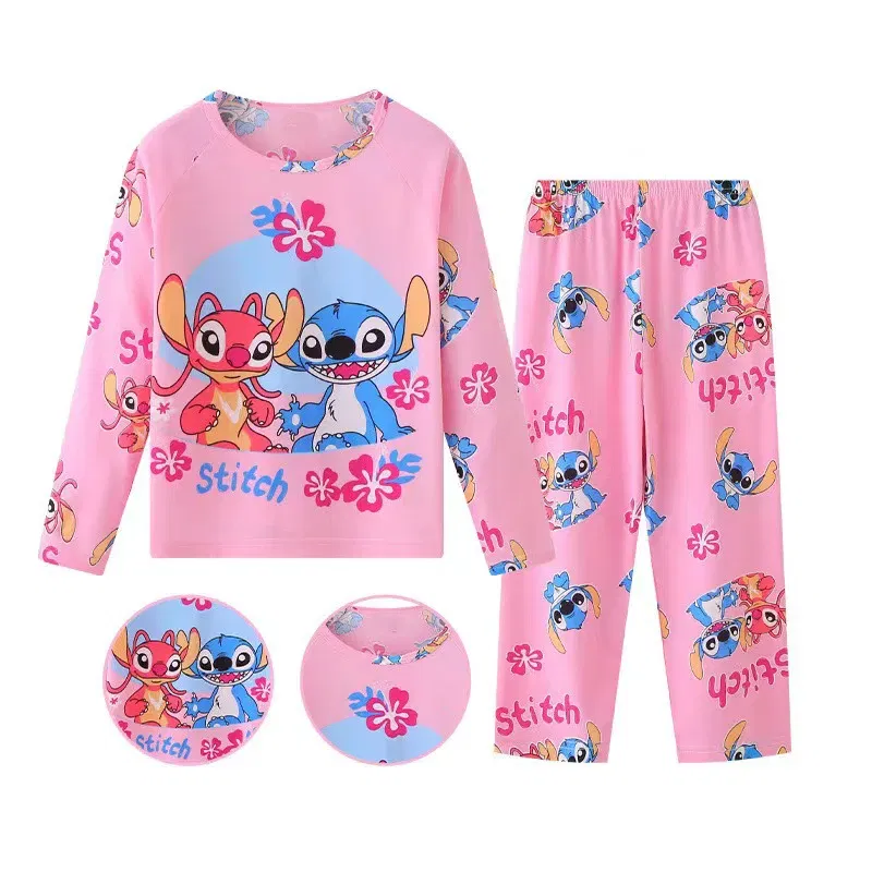 Color: Beige, Kid Size: 7 - New Pajama Boys Girls Pajamas Stitch Clothing Sets Kids Long Sleeve +Pant 2Piece Children Home Clothing Girl Nightgown