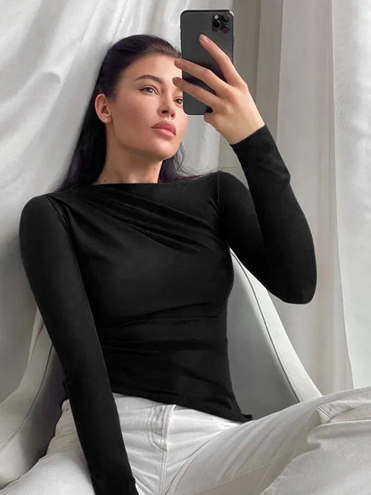 Color: WHITE, Size: M - Long Sleeve Top White T-Shirts Women Basic Crop Top Autumn Pollover Solid Skew Neck T Shirt Streetwear Basic Black Y2K Tees