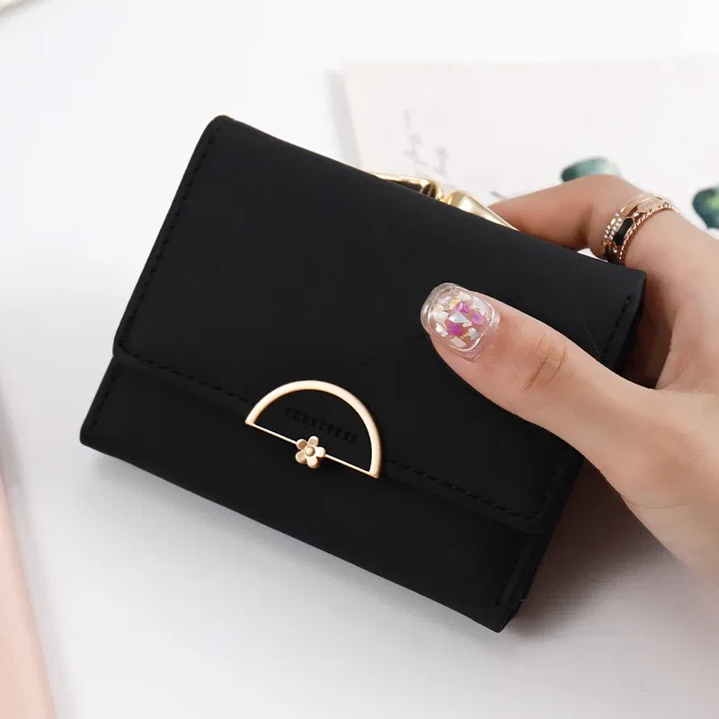 Color: black - 024 Women's summer new women's short wallet Japan and South Korea PU leather hardware buckle three fold bag high texture multi-c