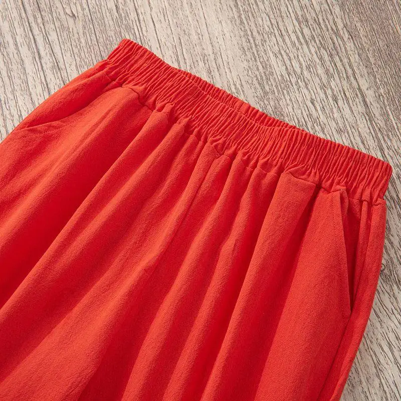 Color: Orange, Size: One Size - Women Summer Casual Loose Harem Elastic Waist Cotton Linen Pants Ninth Trousers