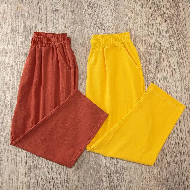 Color: Orange, Size: One Size - Women Summer Casual Loose Harem Elastic Waist Cotton Linen Pants Ninth Trousers