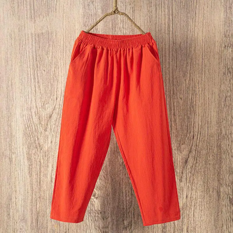 Color: Orange, Size: One Size - Women Summer Casual Loose Harem Elastic Waist Cotton Linen Pants Ninth Trousers
