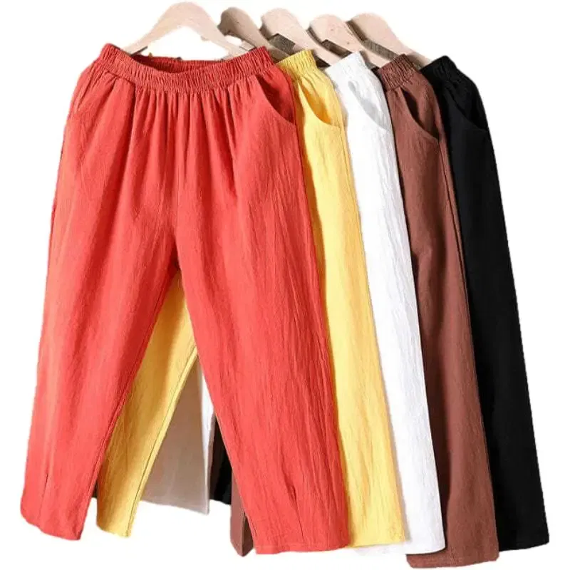 Color: Orange, Size: One Size - Women Summer Casual Loose Harem Elastic Waist Cotton Linen Pants Ninth Trousers