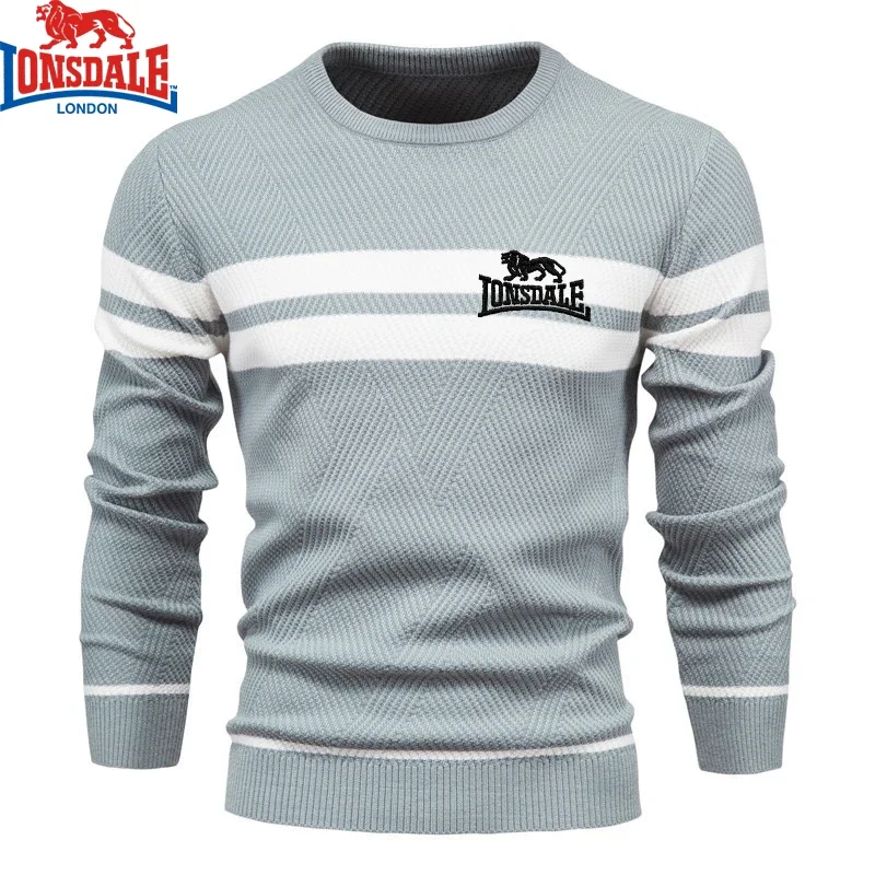 Color: Dark Grey, Size: XXL - Embroidered LONSDALE Mens Boys Winter Stripe Sweater Thick Warm Pullovers Men's O-neck Basic Casual Slim Comfortable Sweaters