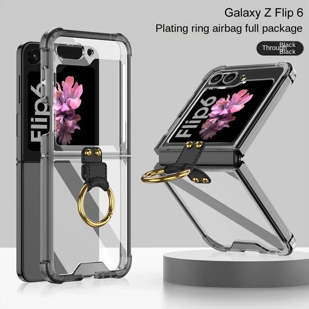 Color: black, Material: ABS - Electroplated Transparent Airbag Ring Phone Case for Samsung Galaxy Z Flip 6 5 Flip6 Flip5 5G Stand Shockproof Cover