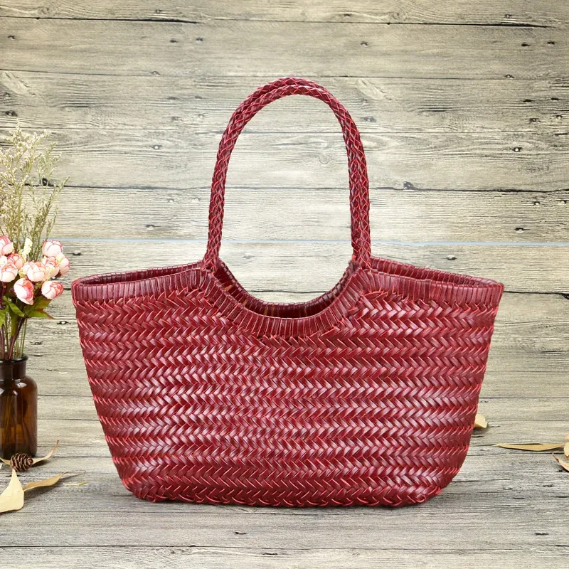 Hand Knitted Designer Genuine Leather Elegant ?‹Handle Female Totes Vintage Women's Handbag Cowskin Lady Large Shoulder Bag